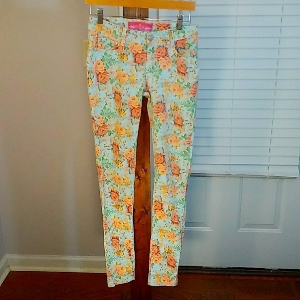 Sweet Look Cotton Mint Green Coral High Rise Stretch Jeans Pants Floral Size 9